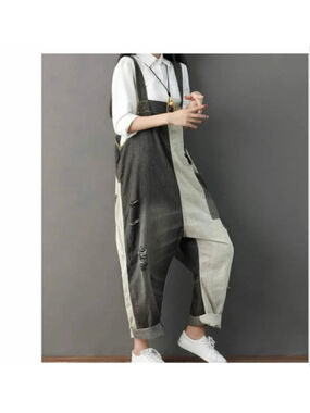Monthorigin Boho Baggy oversized 
Distressed Color-block denim Overalls